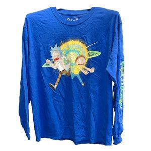 Rick Morty (Running Out of Portal) BLUE Long Sleeve T-Shirt logo On Sleeve Men L